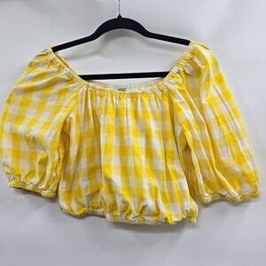 Color Me Courtney Crop Yellow Gingham Lined Balloon Sleeves 100% Cotton Small